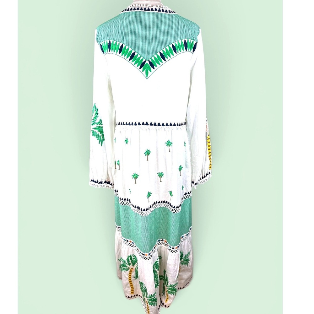 Farm Rio Palm Tree NWT Embroidered Maxi Dress L White Green Gingham Boho Linen - Picture 5 of 16